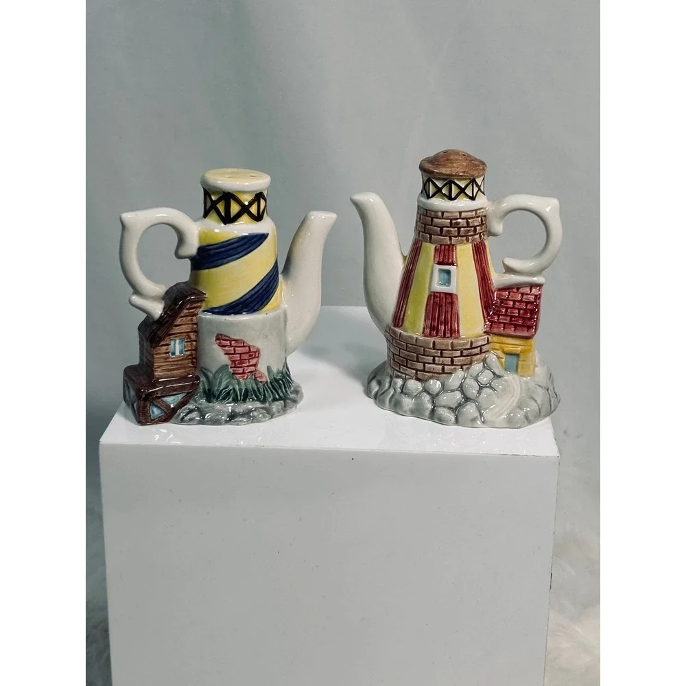 Fitz and Floyd Omnibus Lighthouse Teapot Salt and Pepper Shaker Set Vintage 1989